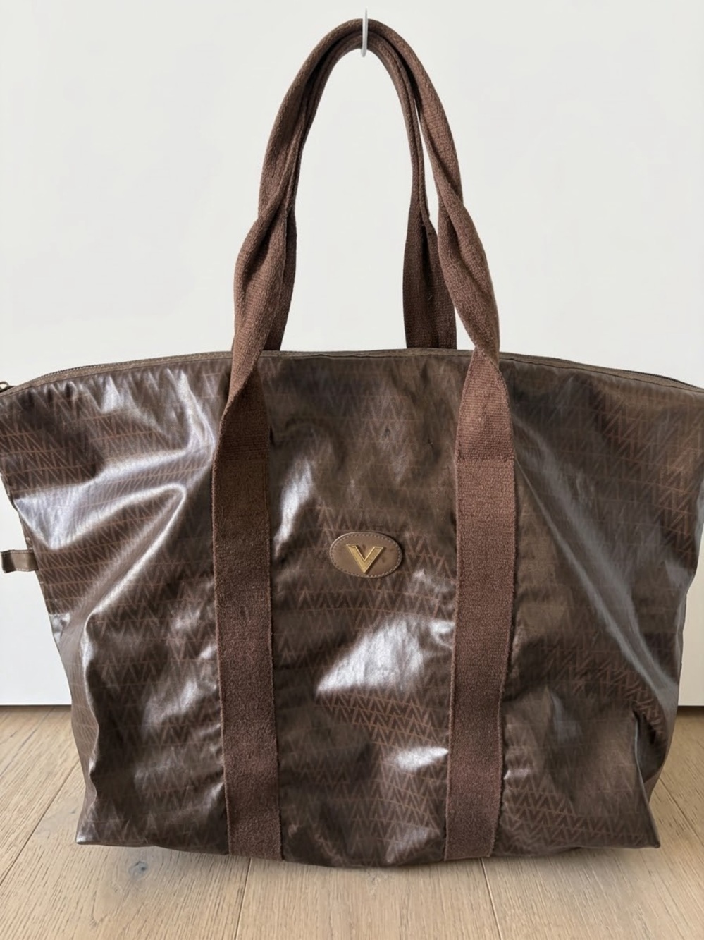 VTG Mario Valentino Brown Monogram Coated Large Tote Bag